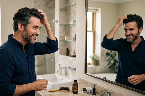Stimucap - Hombre frente al espejo observando los beneficios de usar Stimucap para detener la caída del cabello