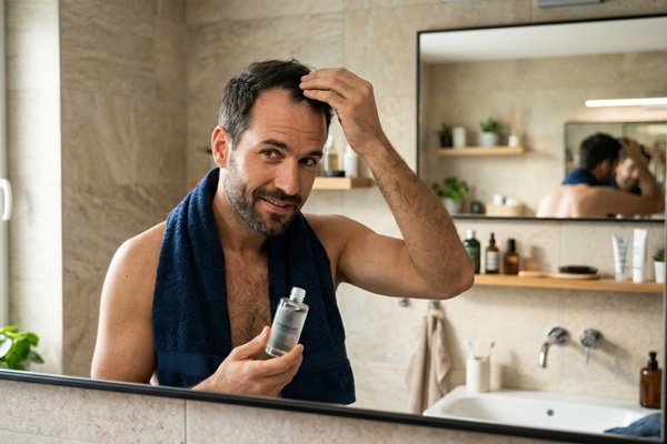 Stimucap - Hombre usando una loción con Stimucap para frenar la caída del cabello