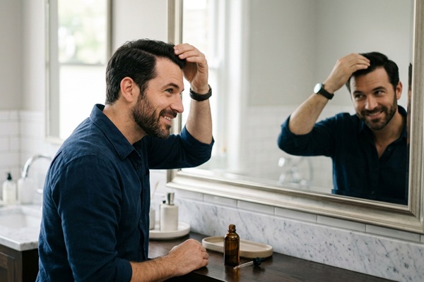 Hombre frente al espejo observando el crecimiento del cabello luego de usar un regenerador capilar