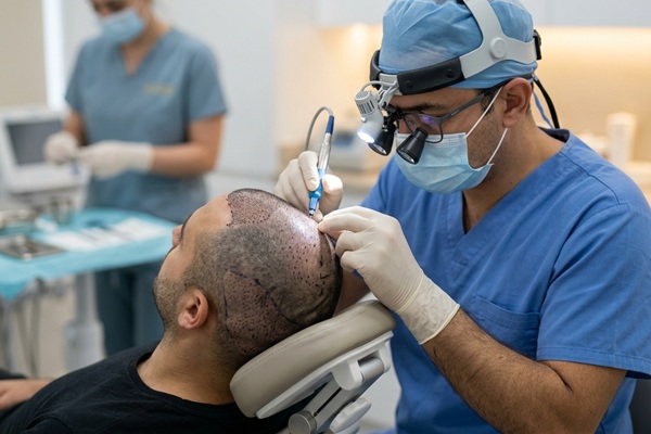 Cirujano capilar realizando un injerto capilar a un hombre con alopecia avanzada