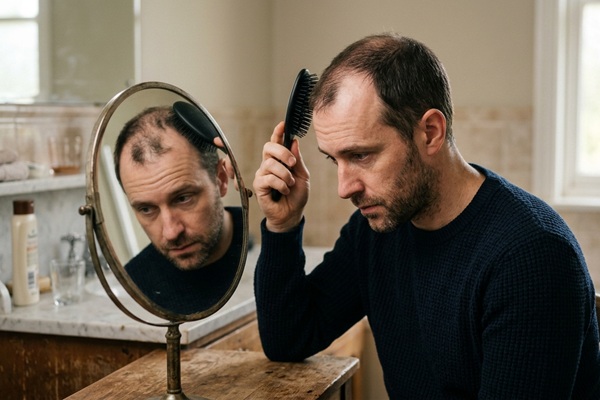 Después de un injerto capilar - Hombre preocupado observando en el espejo el avance de la caída del cabello sin consultar el precio injerto capilar