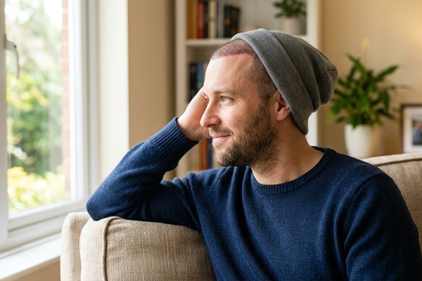 Hombre feliz con los cambios positivos de autoestima luego del implante de cabello